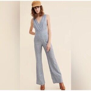 Current Air Free People Womens Striped Linen V Neck Jumpsuit Blue S Wide Leg